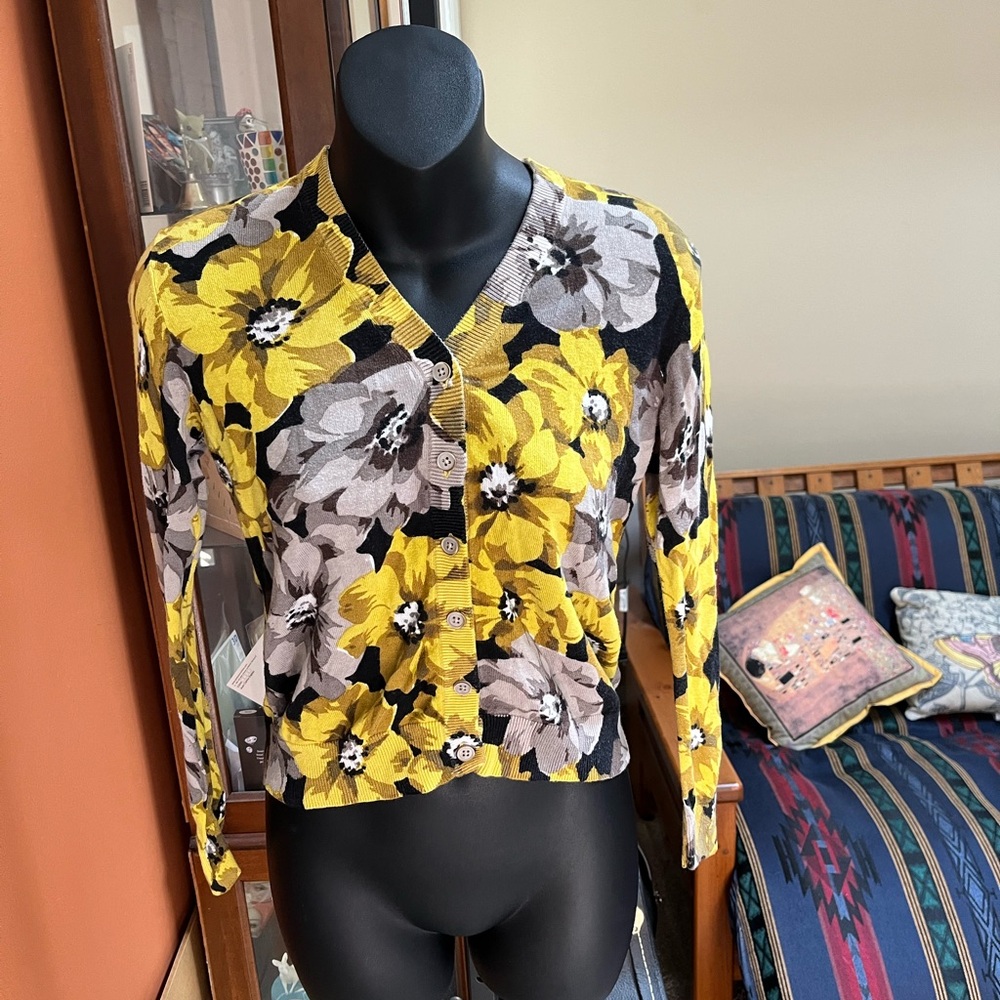 Retro Rockabilly Who What Where Floral Cardigan Sweater Sz XS